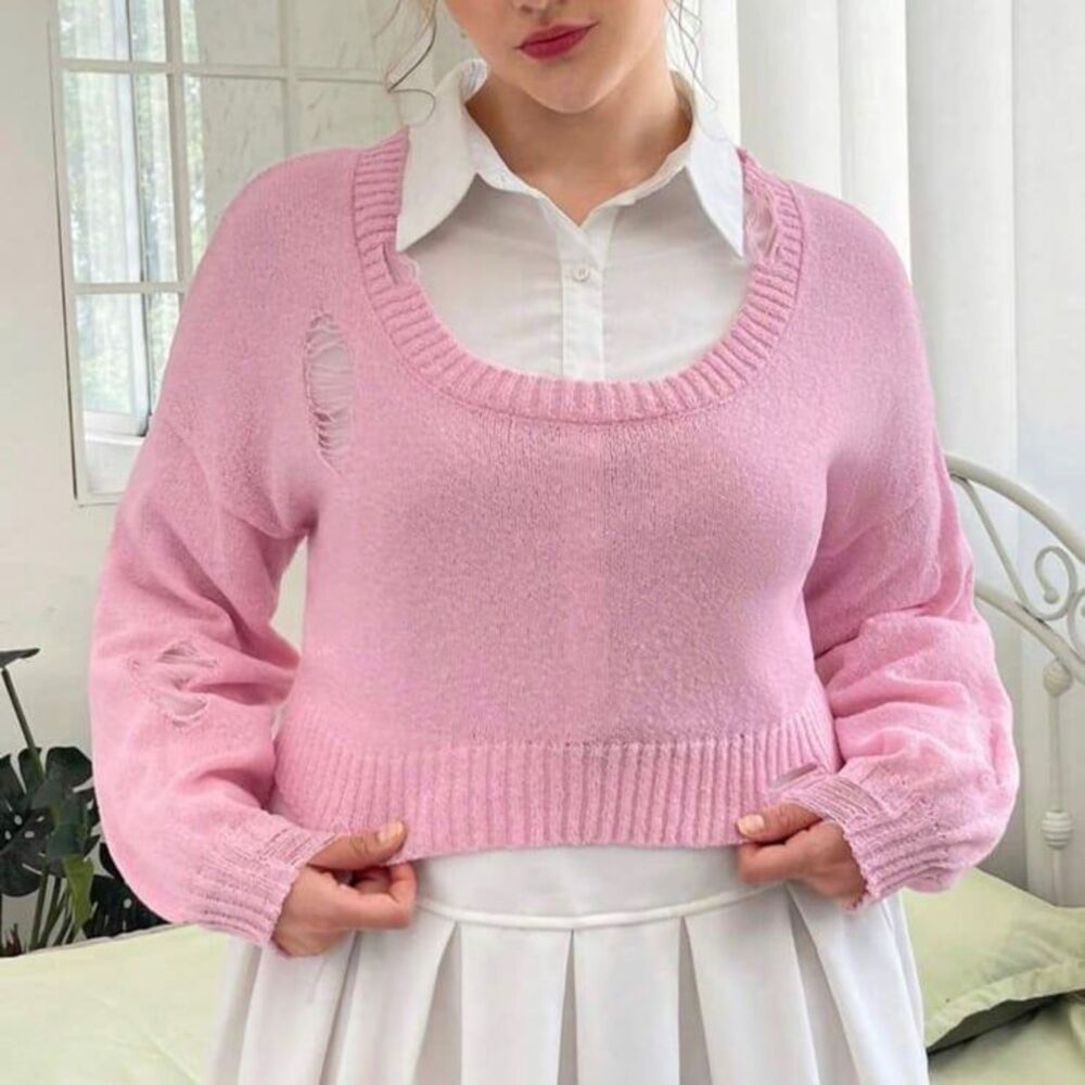 Plus Pink Distressed Ripped Drop Shoulder Pink Sweater Crop NWT 4x 20